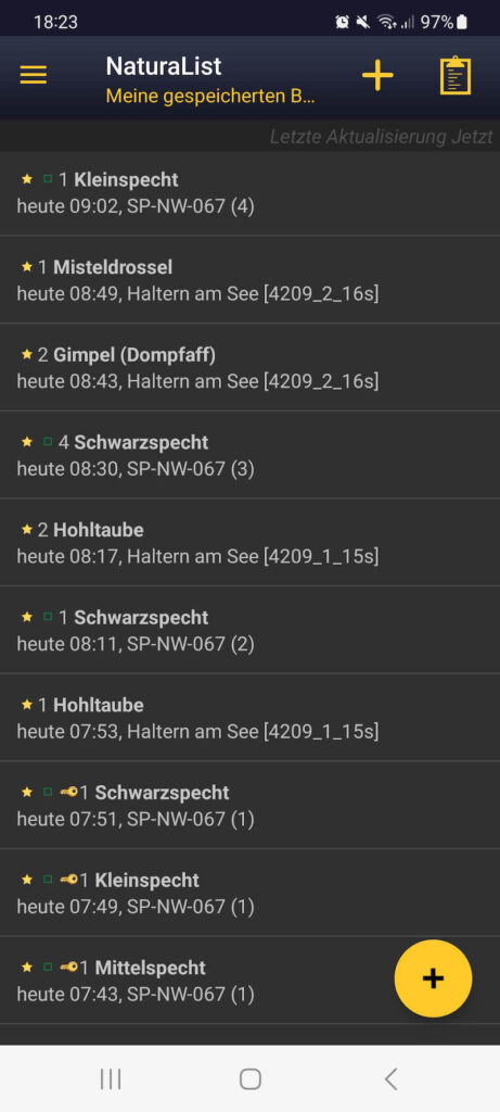 Liste nachgewiesener Spechte (Screenshot der App Naturalist)