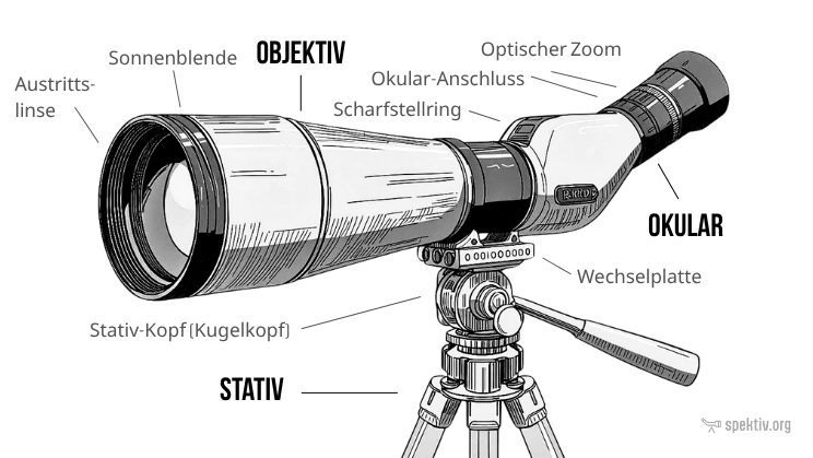 Aufbau eines Spektivs (inkl. Okular, Objektiv und Stativ).